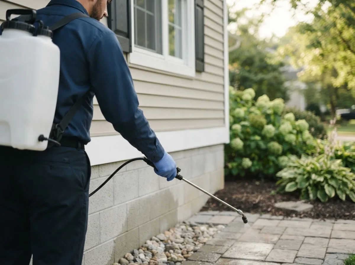 Pest control technician inspecting a home in Clarksburg, WV